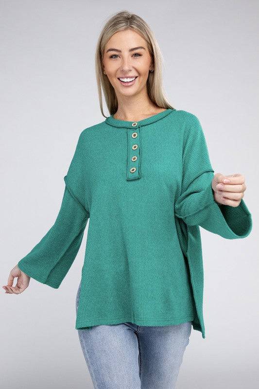 Zenana Clothing Long Sleeve Ribbed Brushed Melange Hacci Henley Sweater