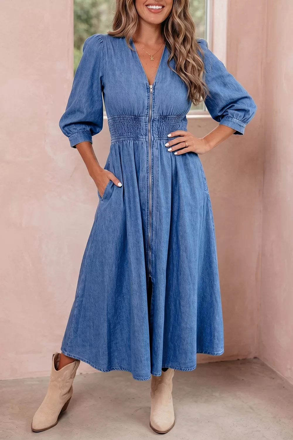 Blueberi B V-Neck Shirred Waist Denim Midi Dress | 100% Cotton
