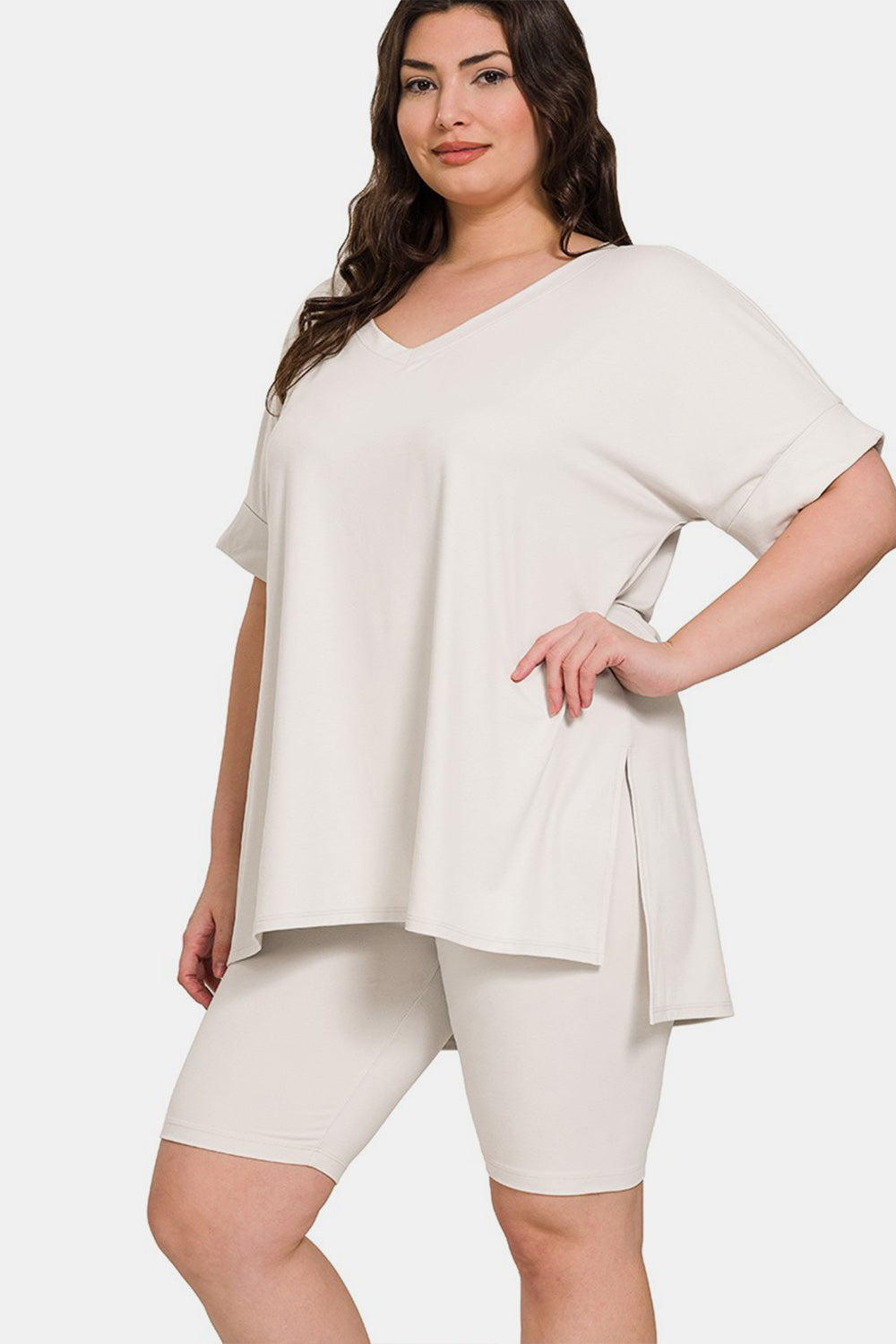 Zenana Women's Full Size V-Neck Short Sleeve Slit T-Shirt and Shorts Set Polyester Spandex Size S-3XL