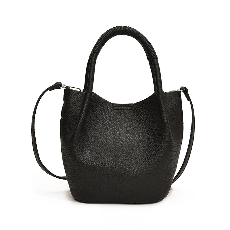 Drew Soft Pebbled Vegan Leather Mini Bucket Crossbody Tote with Removable Mini Pouch | Black, Bone, Red