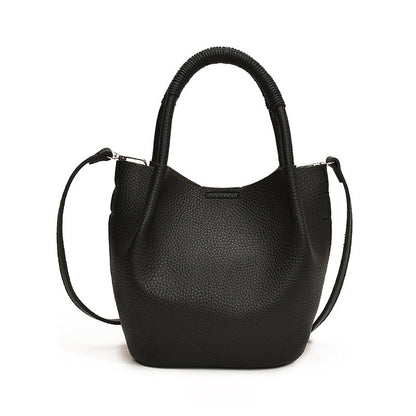 Drew Soft Pebbled Vegan Leather Mini Bucket Crossbody Tote with Removable Mini Pouch | Black, Bone, Red