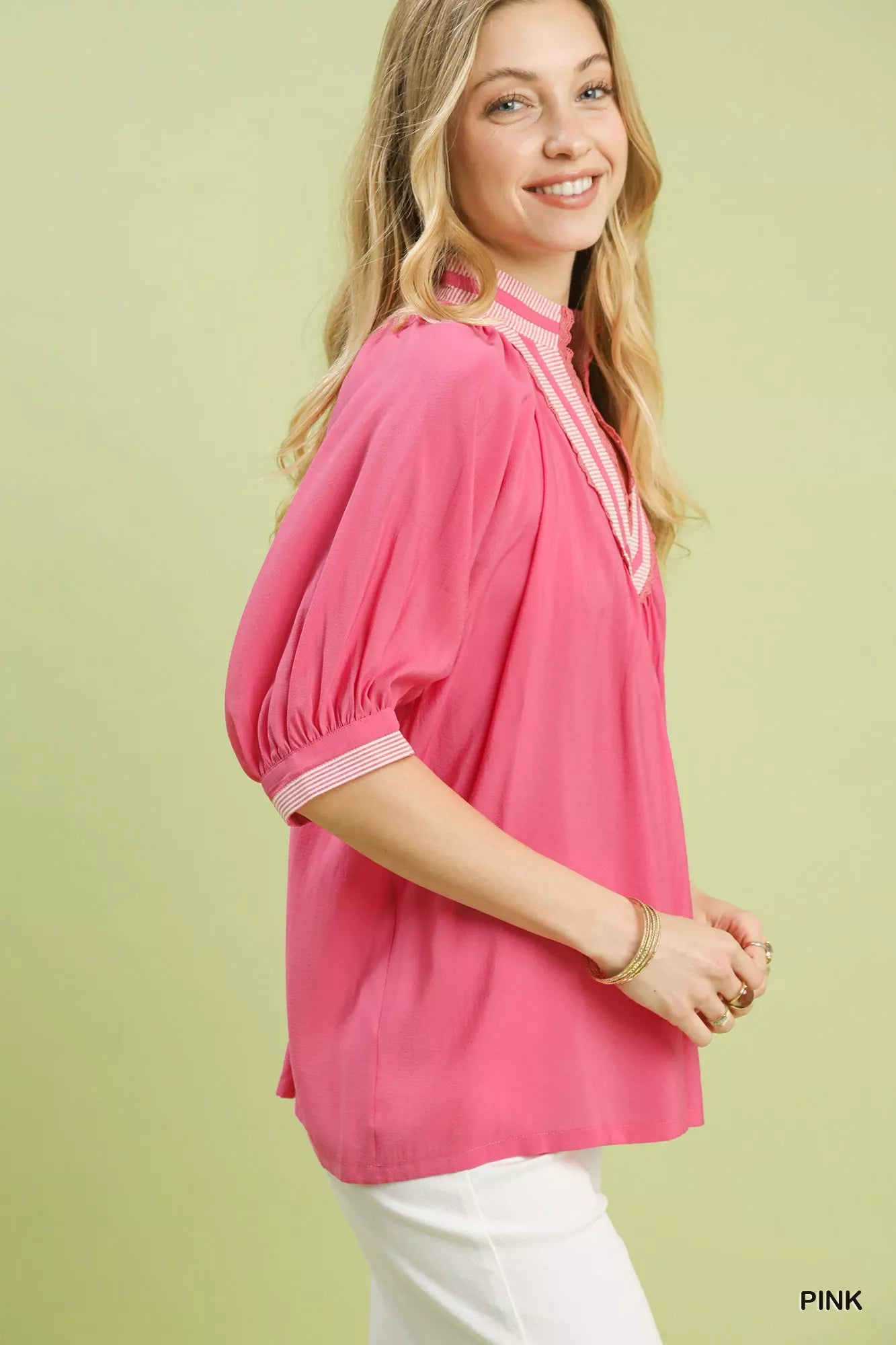 Blueberi Boutique's Umgee pink solid contrast-trim pleated top side view