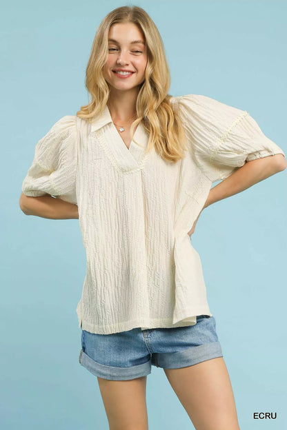 Blueberi Boutique ecru textured puff sleeve blouse with decorative trim