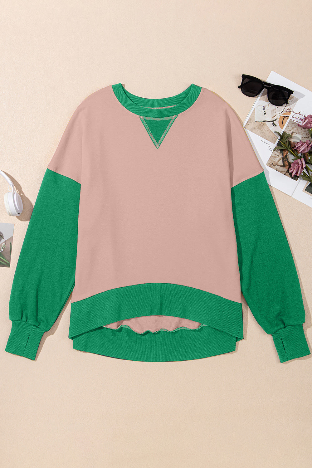 Blueberi B Women's Contrast Round Neck Long Sleeve Sweatshirt Polyester Cotton Size S-2XL