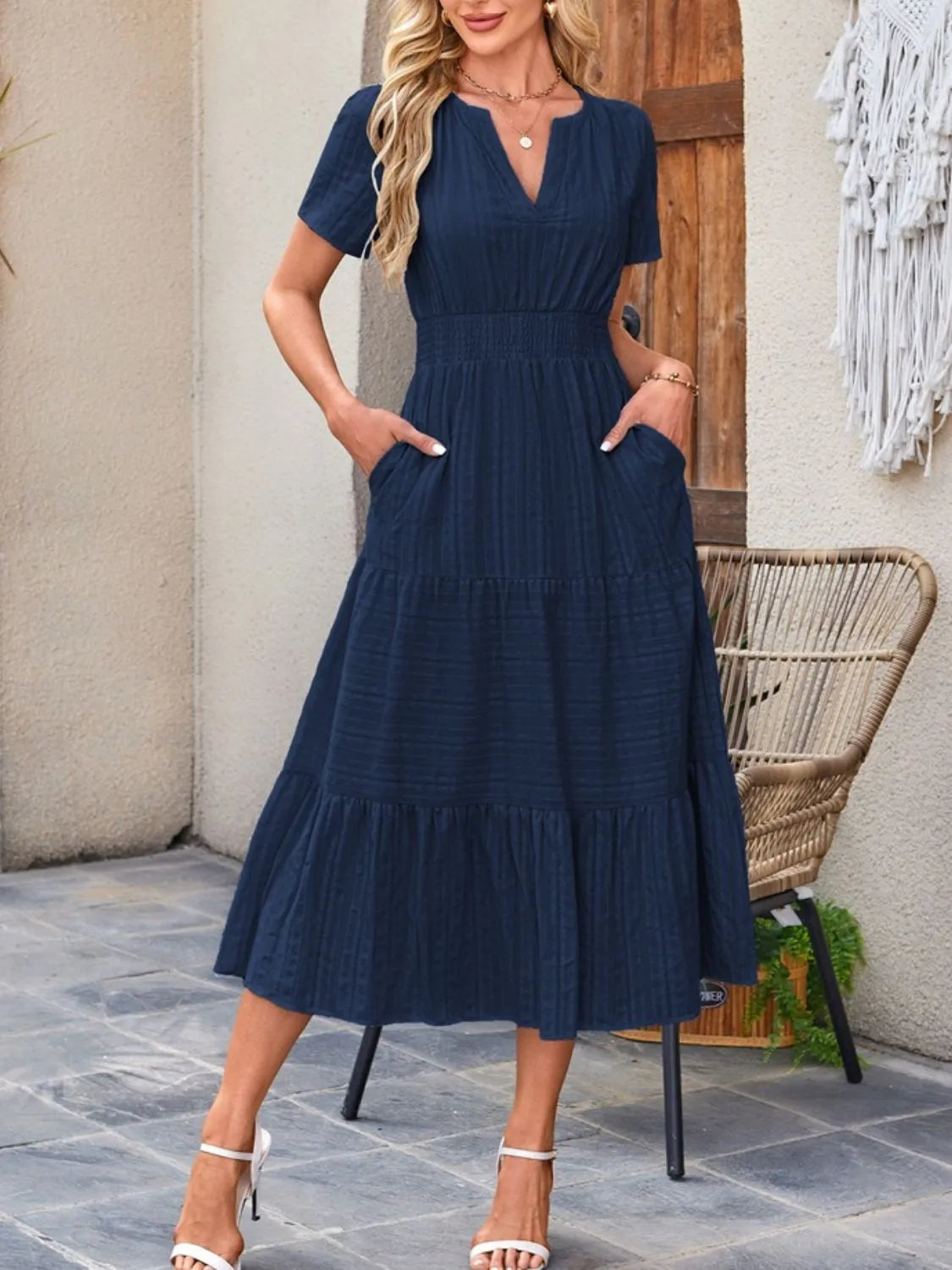 Tiered Notched Neck Dress - Women's Short Sleeve Midi Dress | Blueberi B Dark Blue / L Tiered Notched Neck Dress - Women's Short Sleeve Midi Dress | Blueberi B Dark Blue / L
