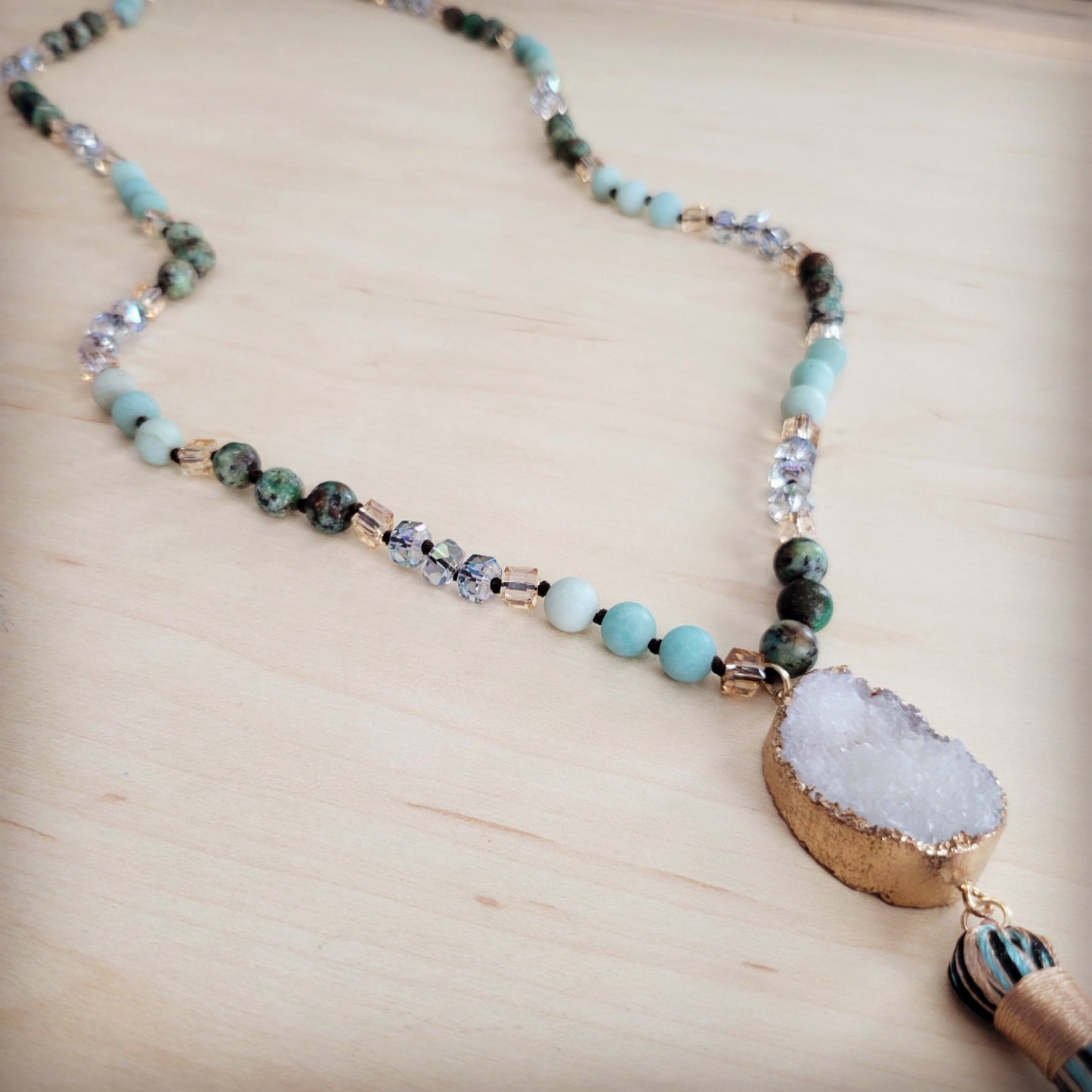Jewelry Junkie Long Amazonite NJewelry Junkie Necklace with Genuine White Druzy Pendant & Tassel | Amazonite, Crystal & Druzy | 30"
