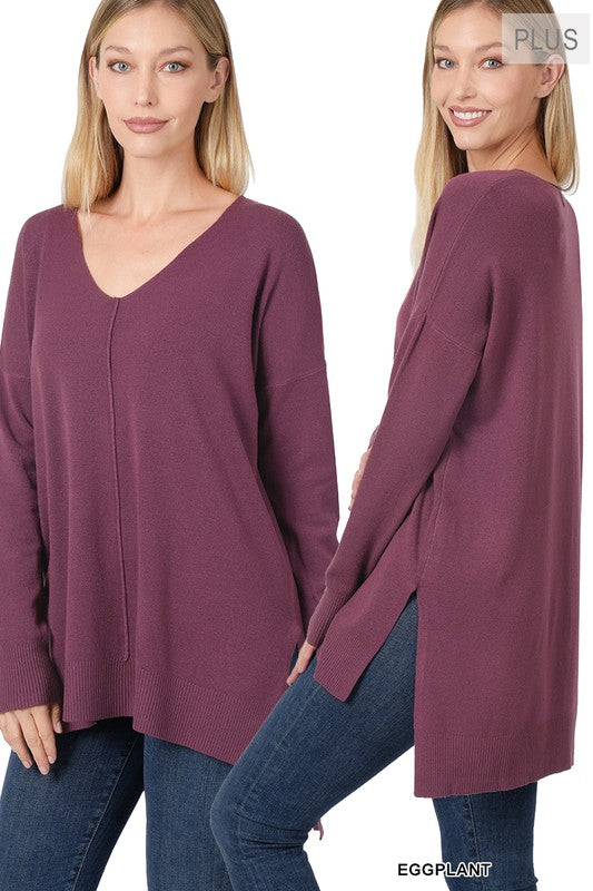 Zenana Clothing Plus Hi-Low Hem V-Neck Center Seam Long Sleeve Sweater