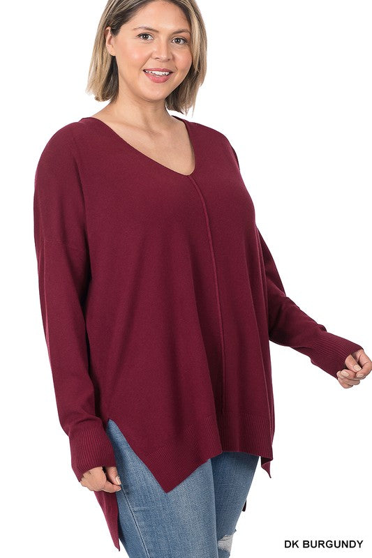 Zenana Clothing Plus Hi-Low Hem V-Neck Center Seam Long Sleeve Sweater