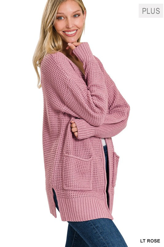 Zenana Plus Size Low Gauge Waffle Open Cardigan Sweater