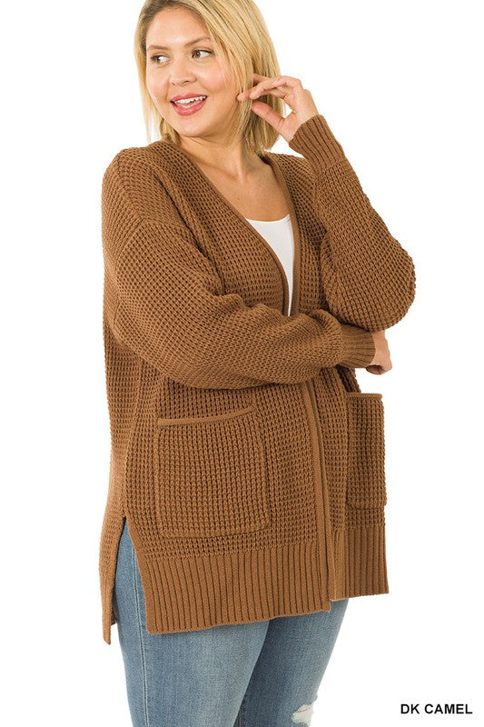 Zenana Plus Size Low Gauge Waffle Open Cardigan Sweater