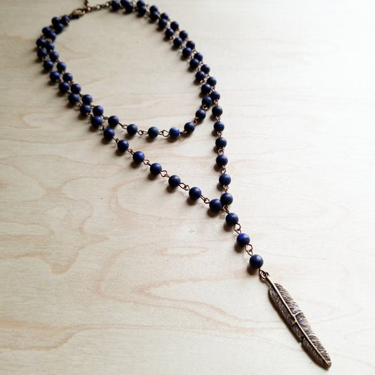 Double Strand Blue Lapis with Copper Feather Necklace