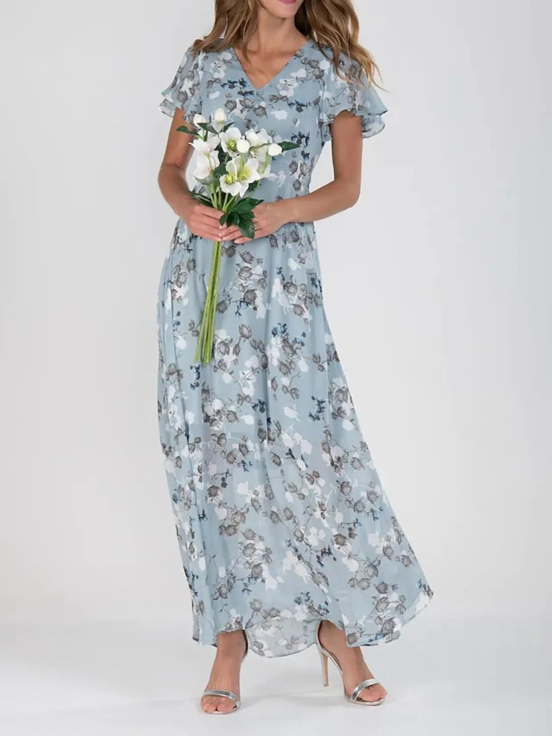 3x maxi dress with sleeves Floral V-Neck Flutter Sleeve Maxi Dress - Women's Polyester Dress S-3X