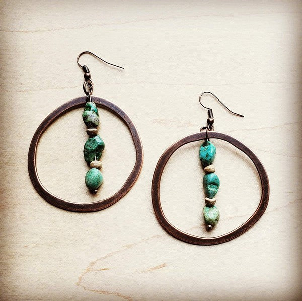 Copper Hoop Earrings w/ Natural Turquoise and Wood