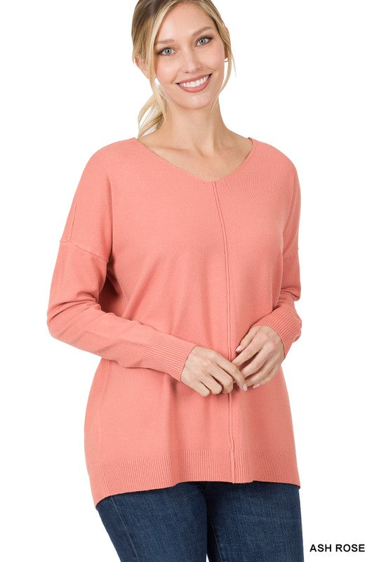 Zenana Clothing Hi-Low Garment Dyed V-Neck Front Seam Sweater