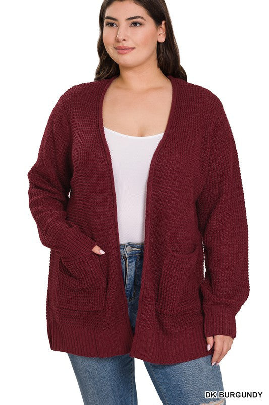 Zenana Clothing Plus Size Low Gauge Waffle Open Cardigan Sweater