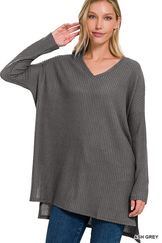Zenana Clothing Brushed Thermal Waffle V-Neck Ho-Low Hem Sweater