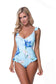 Women's Blue Floral Ruffle Trim One Piece Swimwear Nylon Spandex Size S-L