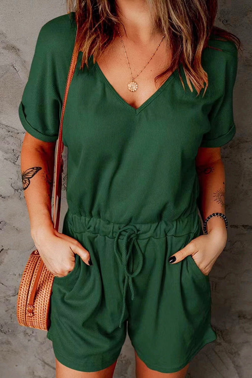 Blueberi B Women's Full Size Drawstring V-Neck Short Sleeve Romper Polyester Spandex Size S-3XL