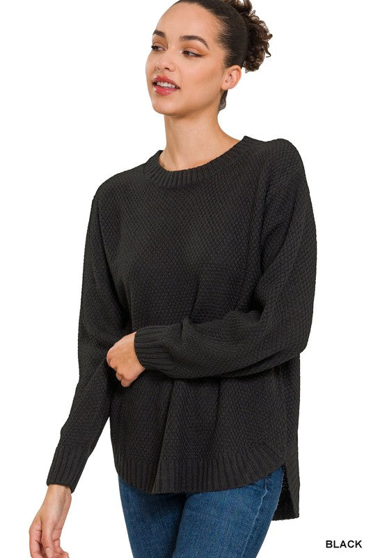 Zenana Clothing Hi-Low Long Sleeve Round Neck Sweater