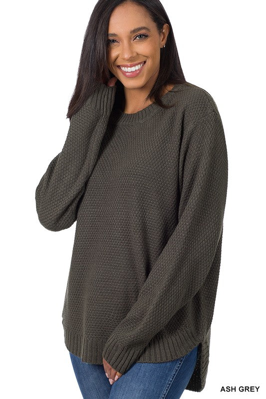 Zenana Clothing Hi-Low Long Sleeve Round Neck Sweater