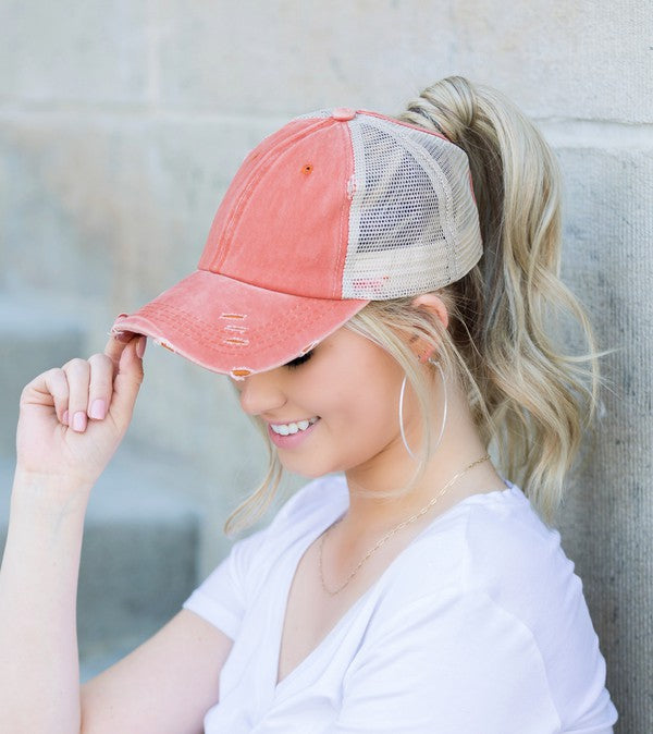 Women's Distressed Messy Bun Snap Back Hat Cap