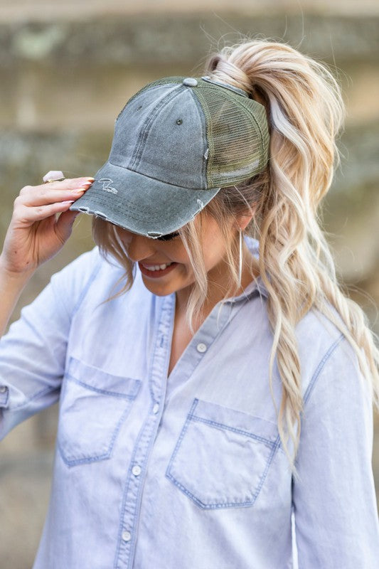 Women's Distressed Messy Bun Snap Back Hat Cap