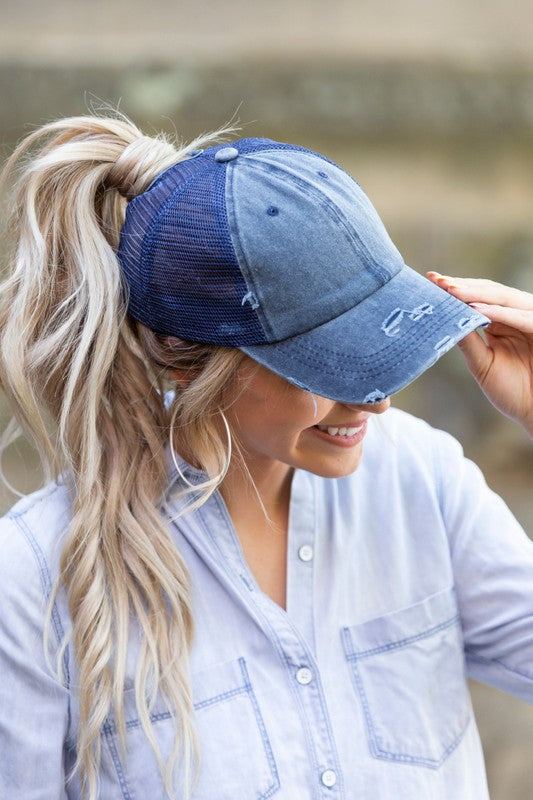 Women's Distressed Messy Bun Snap Back Hat Cap