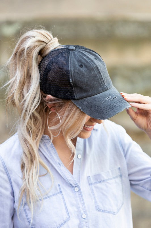 Women's Distressed Messy Bun Snap Back Hat Cap