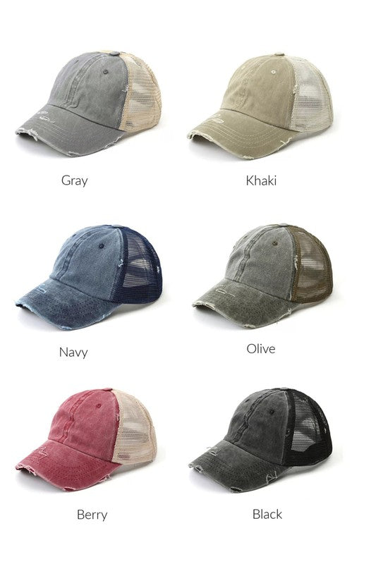 Women's Distressed Messy Bun Snap Back Hat Cap
