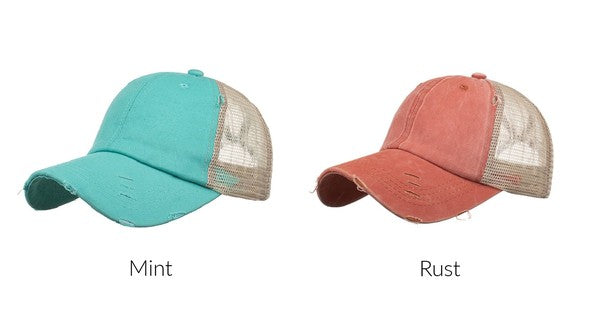Women's Distressed Messy Bun Snap Back Hat Cap