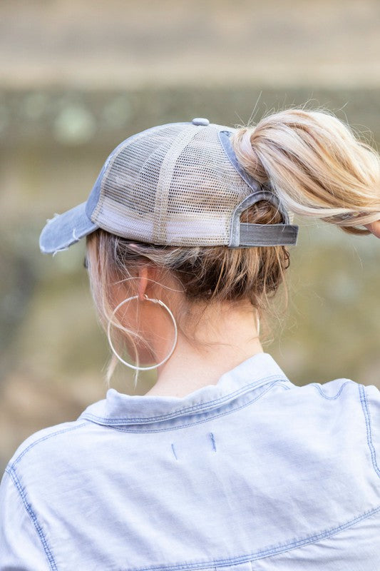 Women's Distressed Messy Bun Snap Back Hat Cap