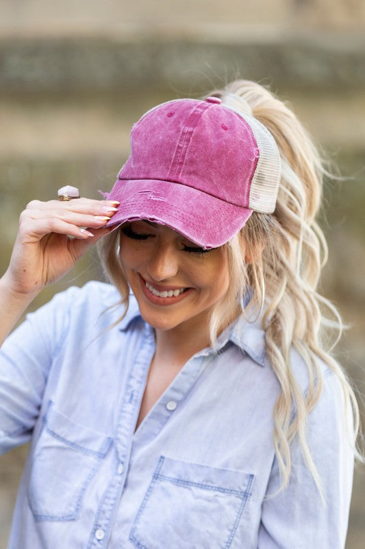 Women's Distressed Messy Bun Snap Back Hat Cap