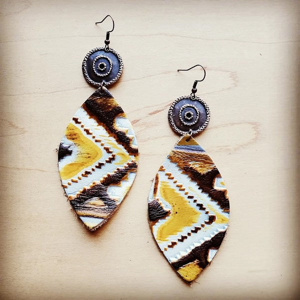 Leather Oval Earring in Yellow Navajo copper disc