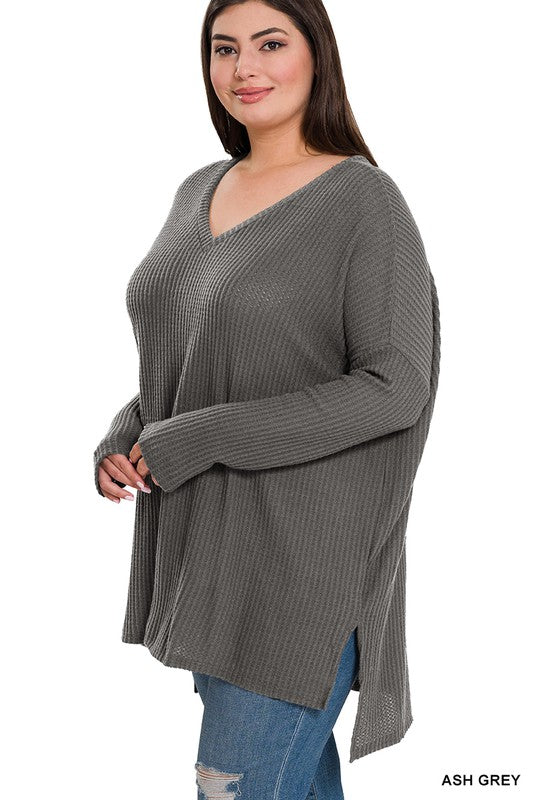 Zenana Clothing Plus Size Brushed Thermal Waffle V-Neck Sweater