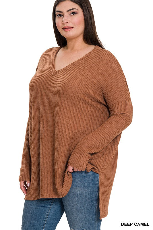 Zenana Clothing Plus Size Brushed Thermal Waffle V-Neck Sweater