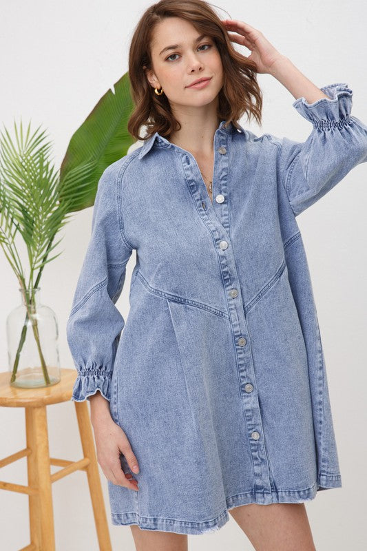 Washed Long Sleeve Button Front Denim Dress/Top