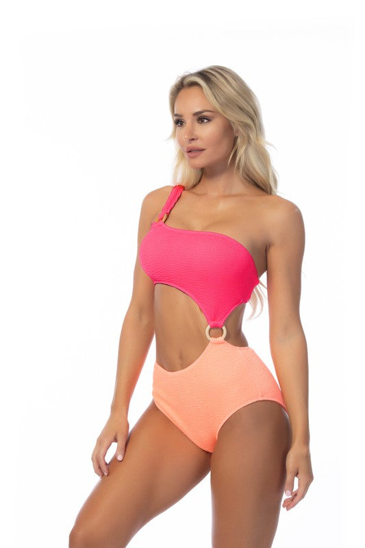 Women's Textured Two Tone One Shoulder One Piece Swimsuit Nylon Spandex Size S-L