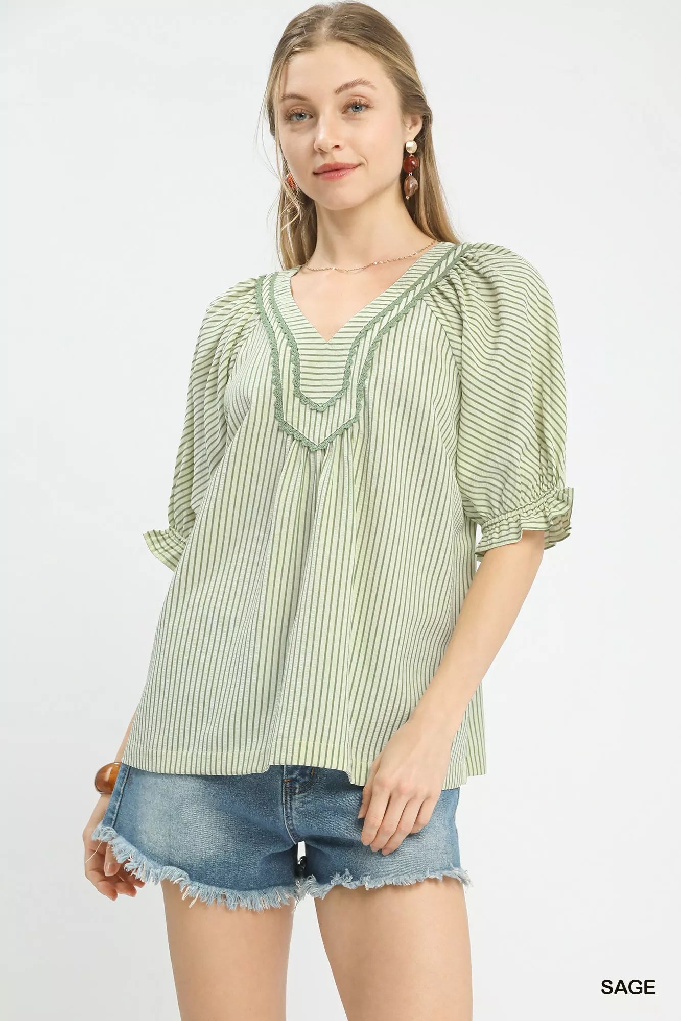 Sage striped v-neck blouse with ruffled sleeves at Blueberi Boutique