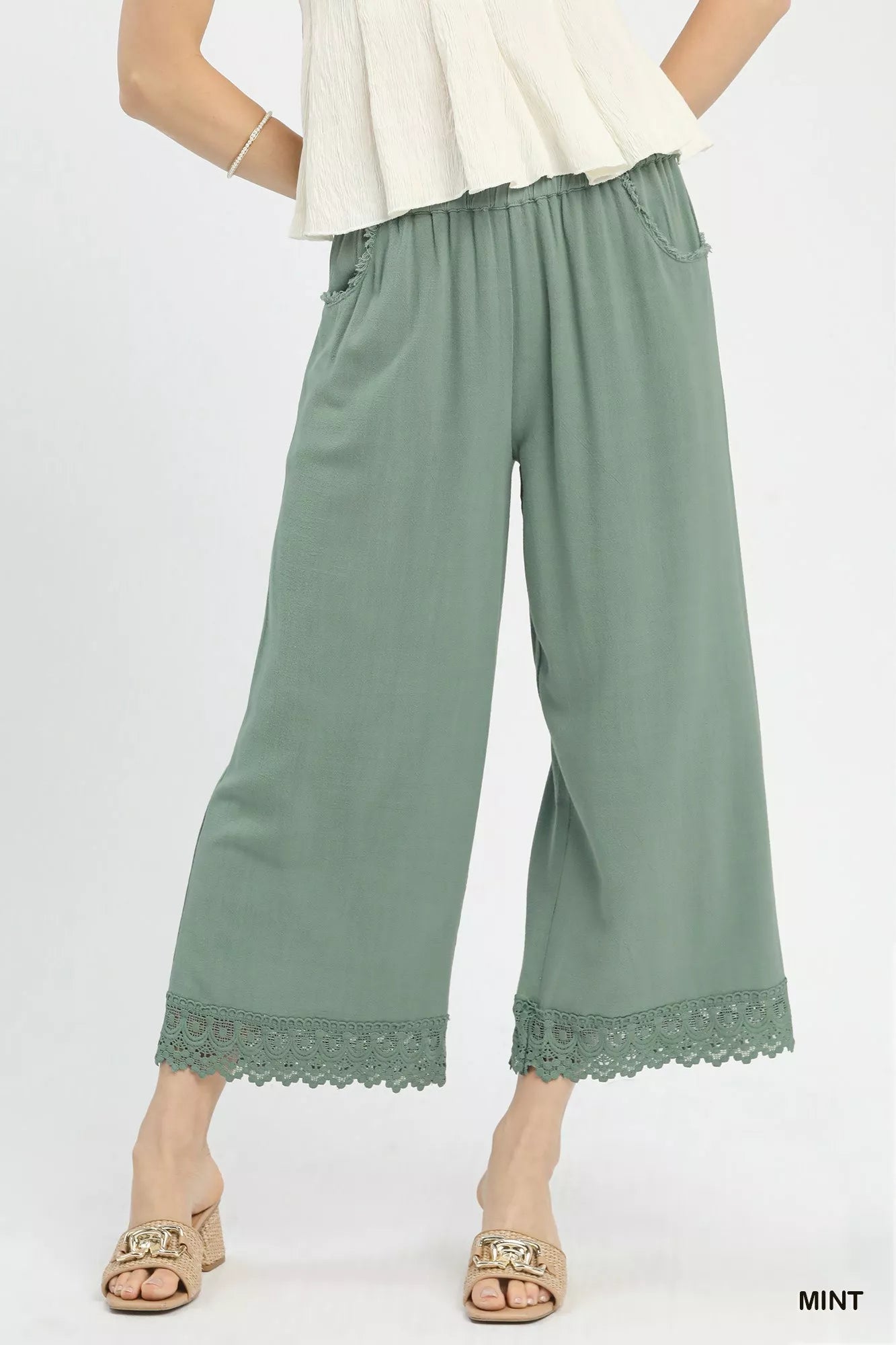 Blueberi Boutique: Mint linen wide-leg cropped pants with lace trim, front view