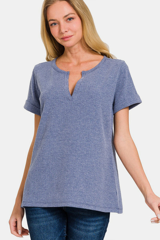 Zenana Women’s Notched Short Sleeve Waffle T-Shirt Polyester Cotton Spandex Size S-L