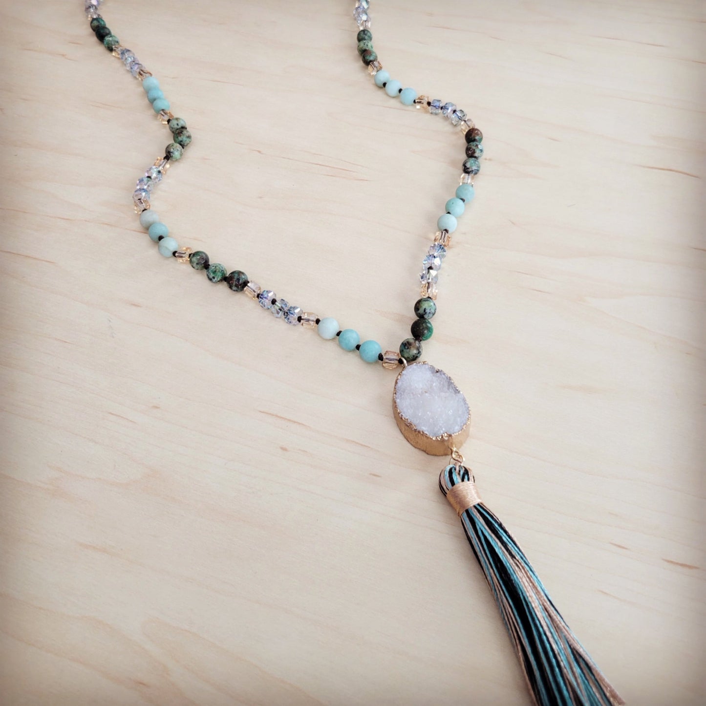 Jewelry Junkie Long Amazonite NJewelry Junkie Necklace with Genuine White Druzy Pendant & Tassel | Amazonite, Crystal & Druzy | 30"