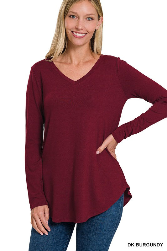 Zenana Clothing Long Sleeve V-Neck Round Hem Top