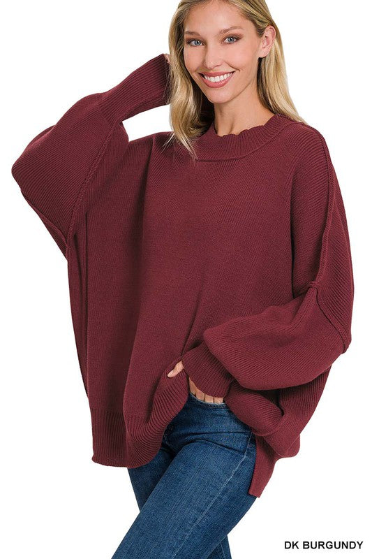 Zenana Clothing Long Sleeve Side Slit Oversized Sweater