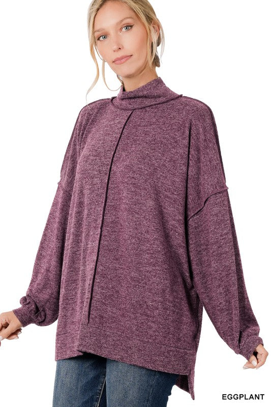 Zenana Clothing Brushed Melange Long Sleeve Hacci Mock Neck Sweater