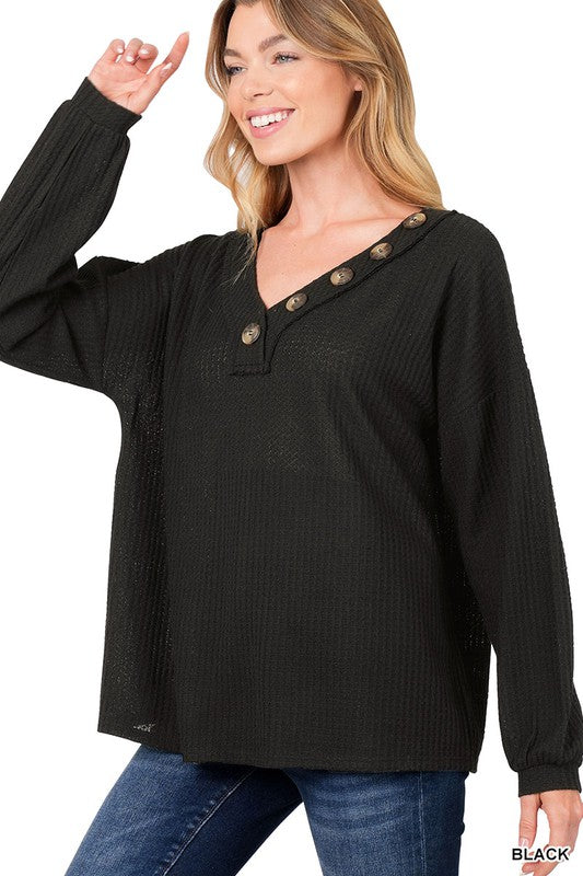 Zenana Clothing Brushed Waffle V-Neck Button Detail Sweater