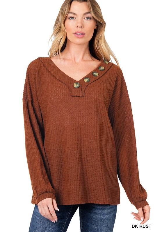 Zenana Clothing Brushed Waffle V-Neck Button Detail Sweater