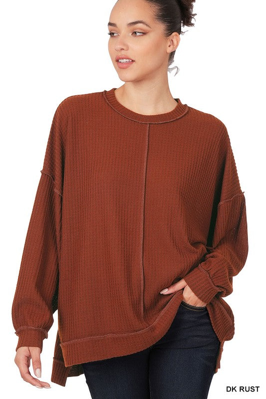 Zenana Clothing Brushed Waffle Oversized Exposed-Seam Sweater