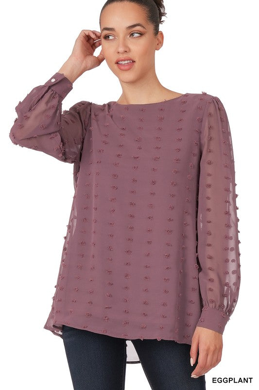 Zenana Clothing Swiss Dot Long Sleeve Round Neck Blouse