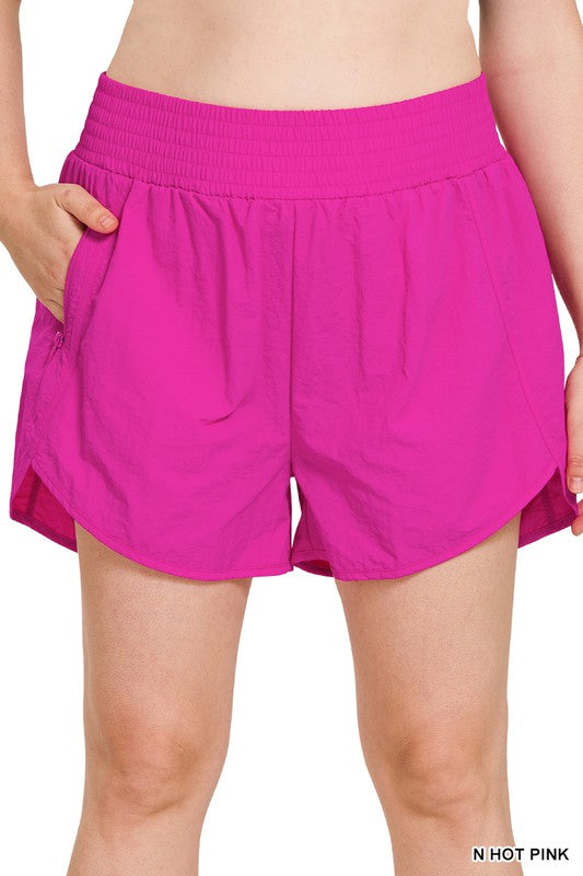 Zenana Clothing Plus Windbreaker Smocked Waistband Running Shorts