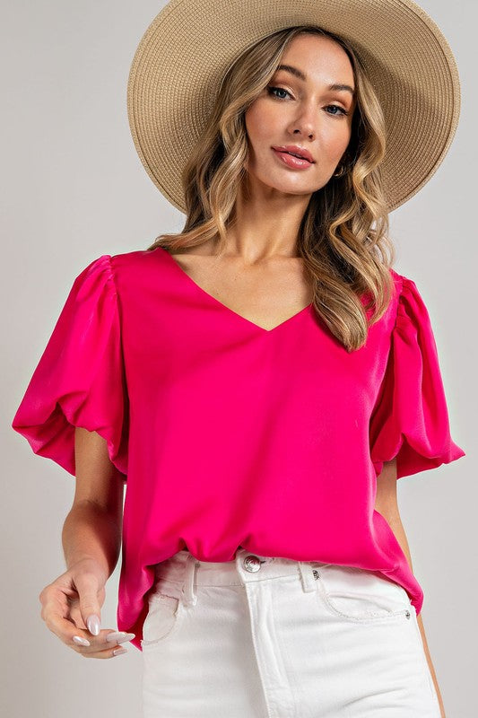 V-Neck Puff Short Sleeve Blouse Top